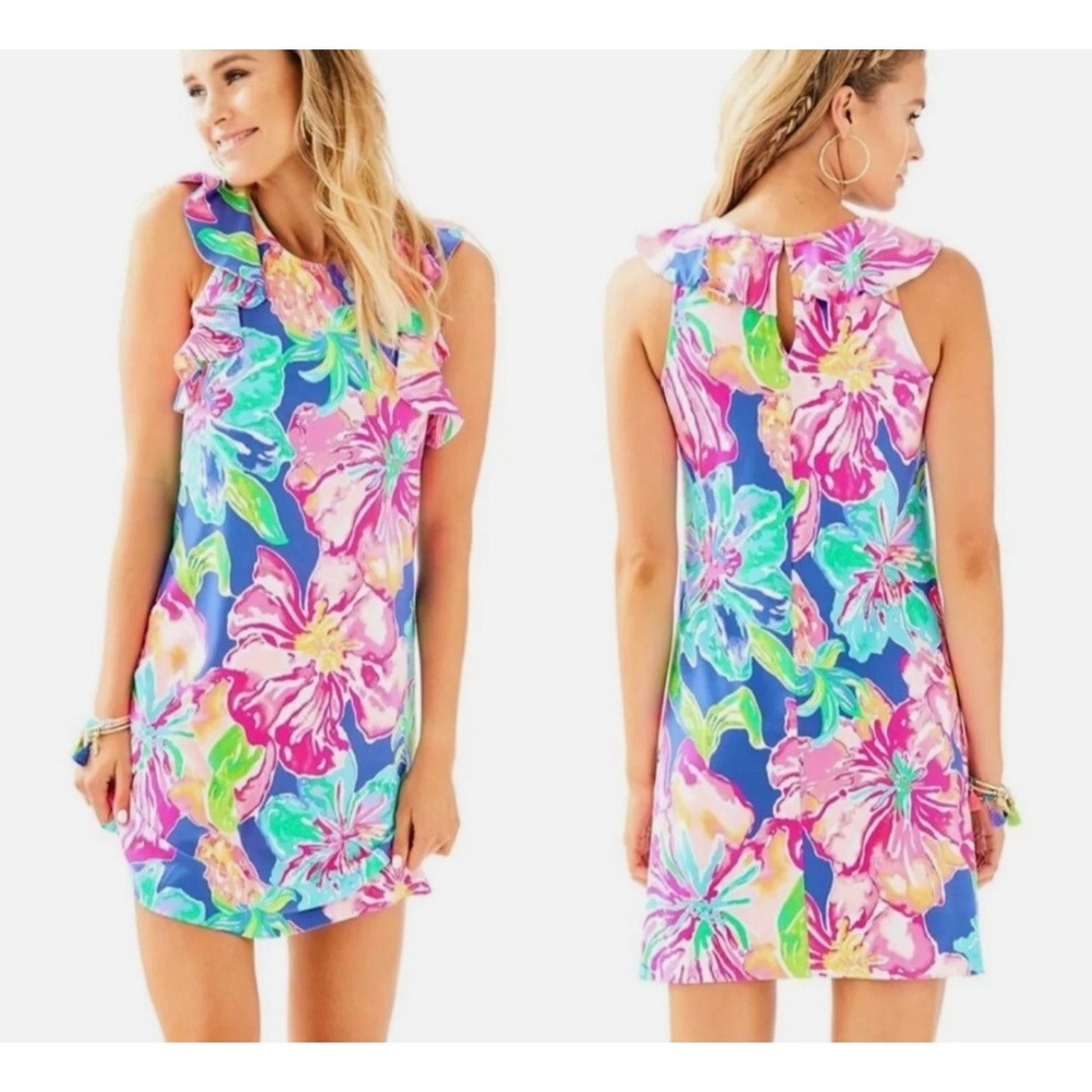 Lilly Pulitzer Esmerelda Ruffle‎ Dress Sz S Hibiscus Jungle Print Utopia Preppy